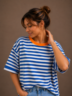 T-shirt fluo streep | kobalt-oranje