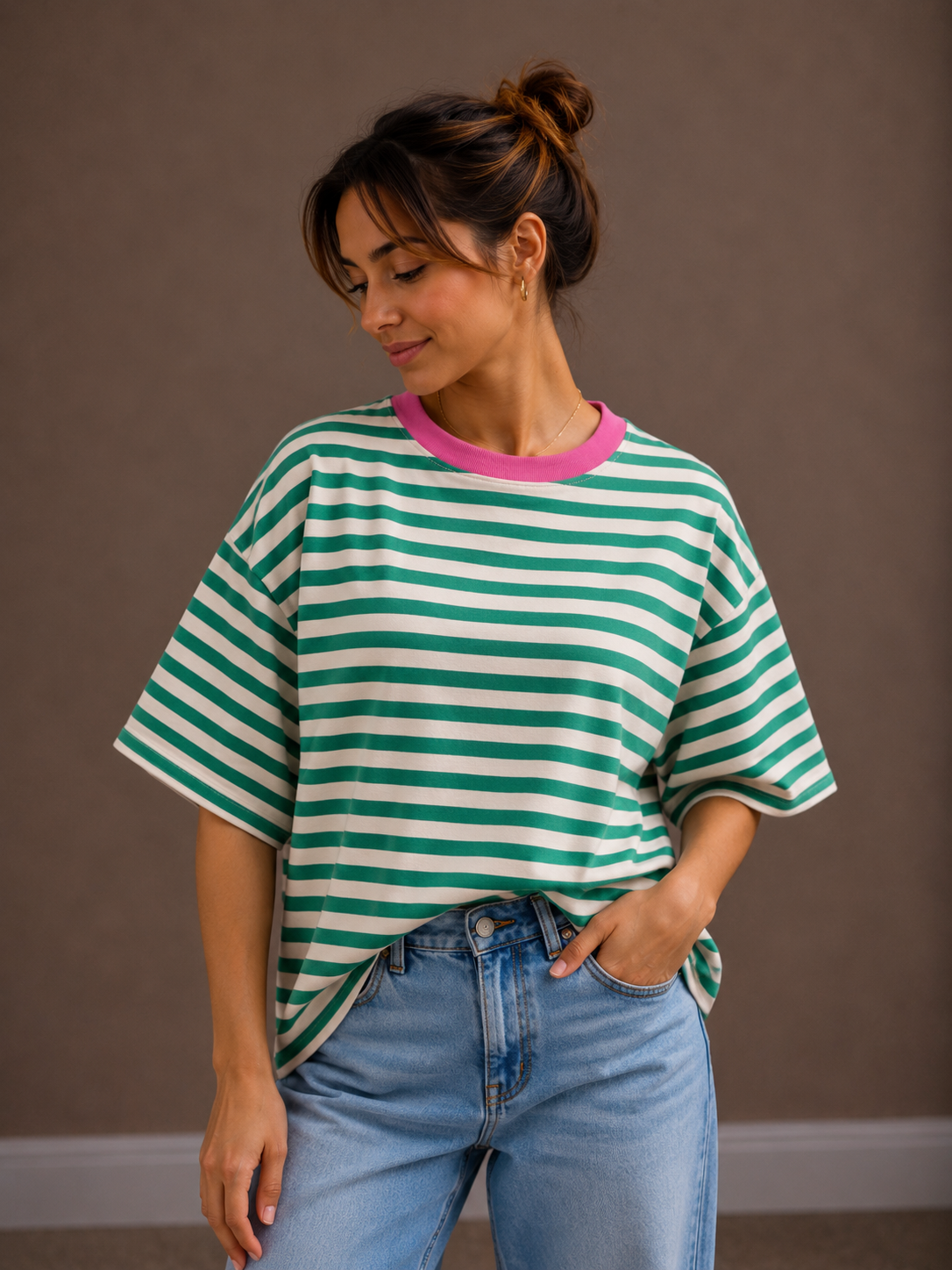 T-shirt fluo streep | groen-fuchsia
