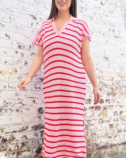 Maxi Streep Jurk | roze-rood