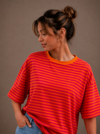 Streep T-shirt | oranje-fuchsia