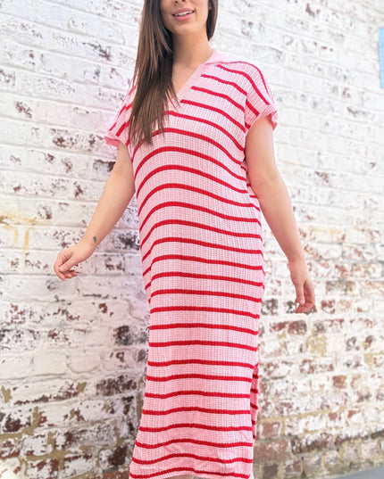 Maxi Streep Jurk | roze-rood