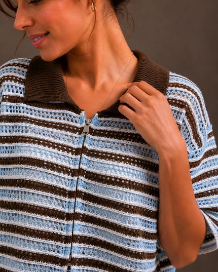 Striped crochet polo shirt | pink