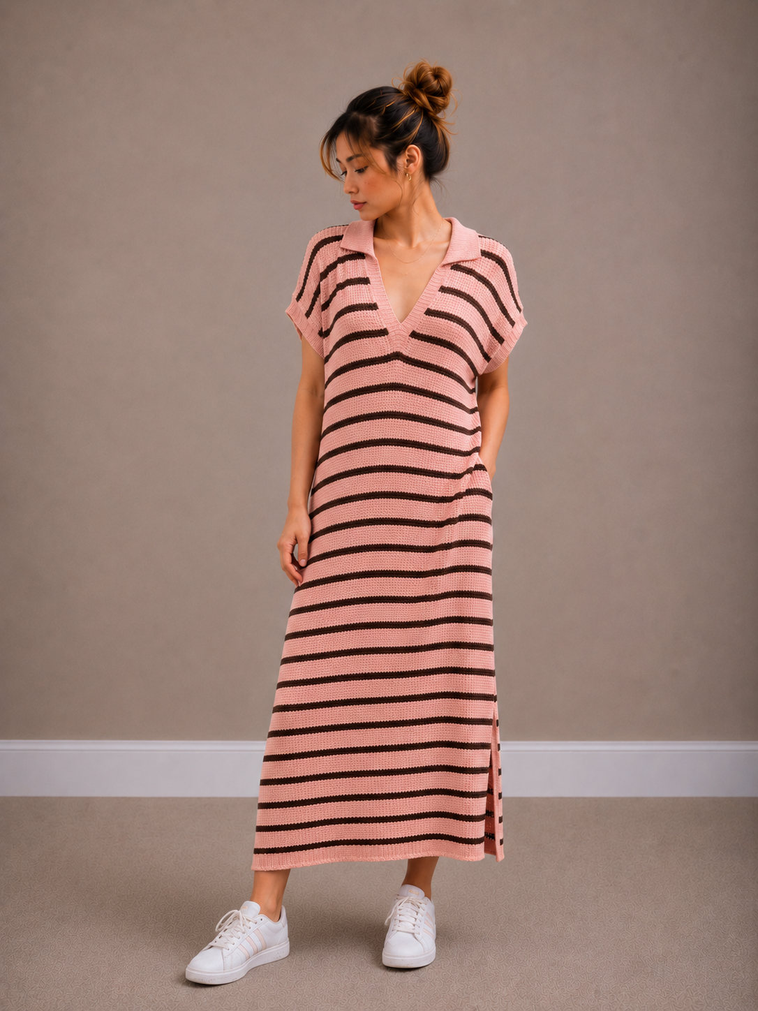 Maxi Streep Jurk | roze-bruin