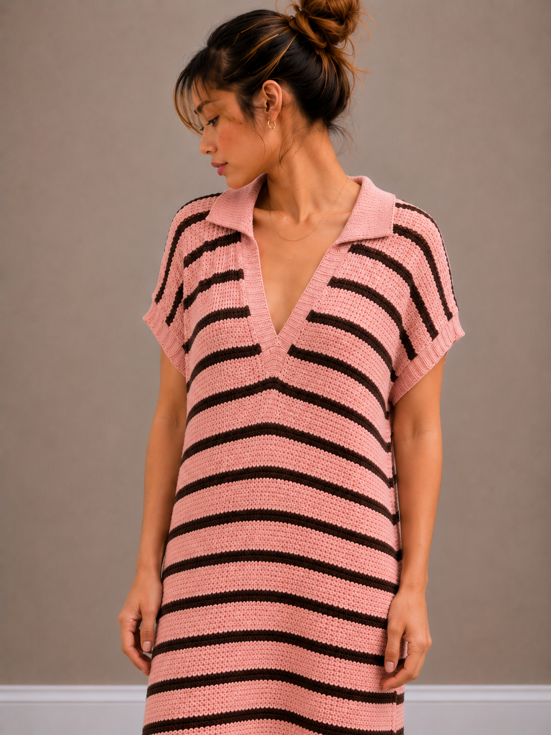 Maxi Streep Jurk | roze-bruin