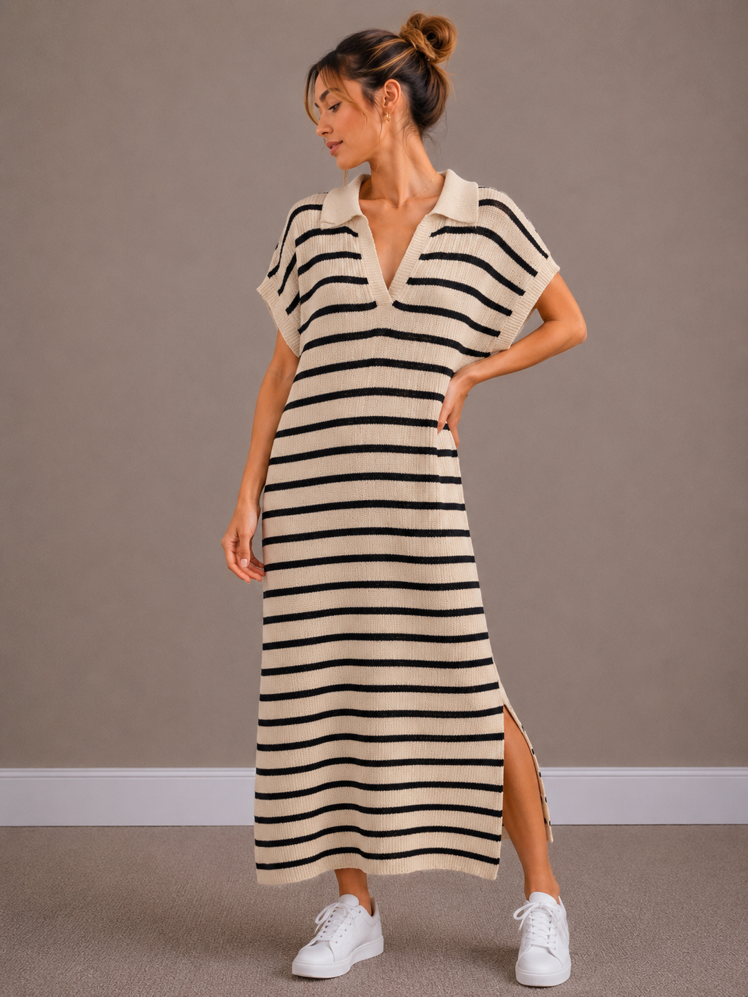 Maxi Streep Jurk | ecru-zwart