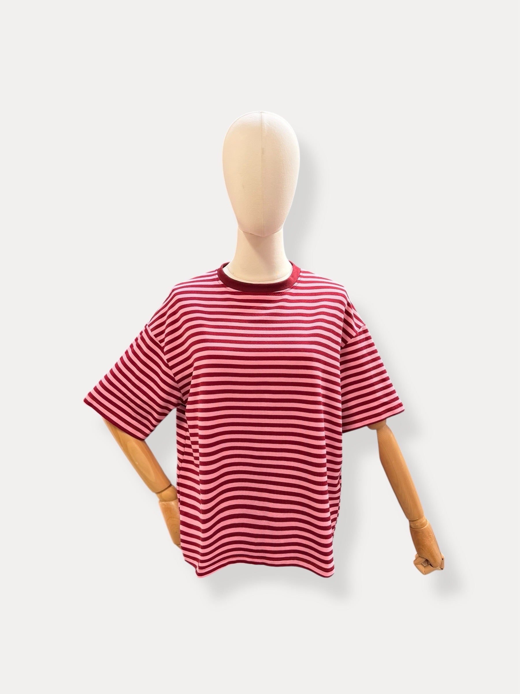 Streep T-shirt | bordeaux-roze