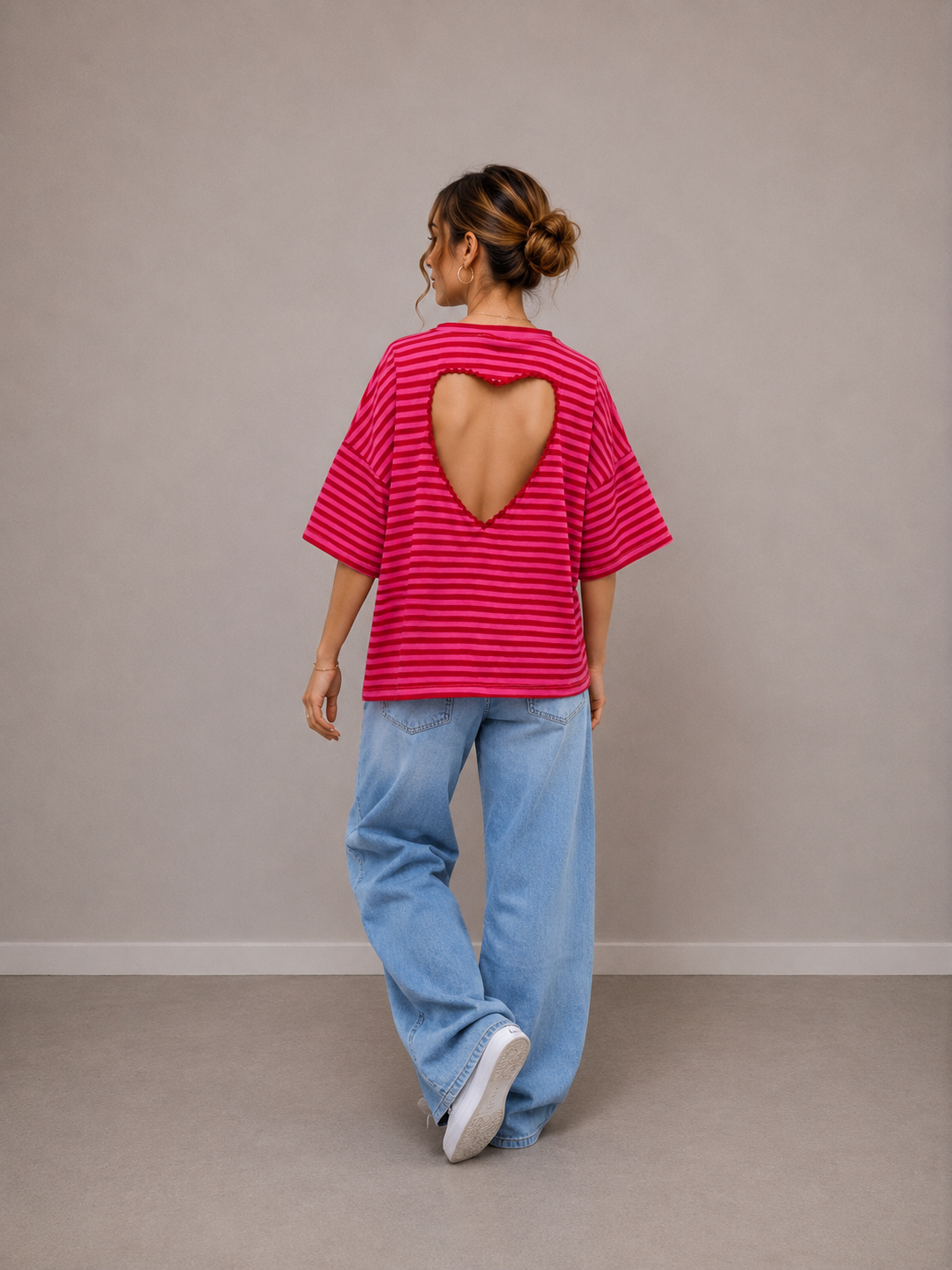 T-shirt streep Hart | rood-roze