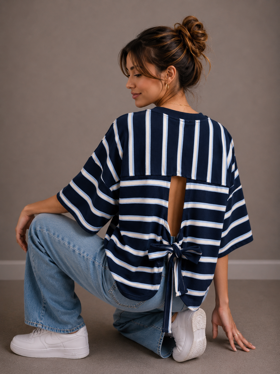 T-shirt streep met strik | marine