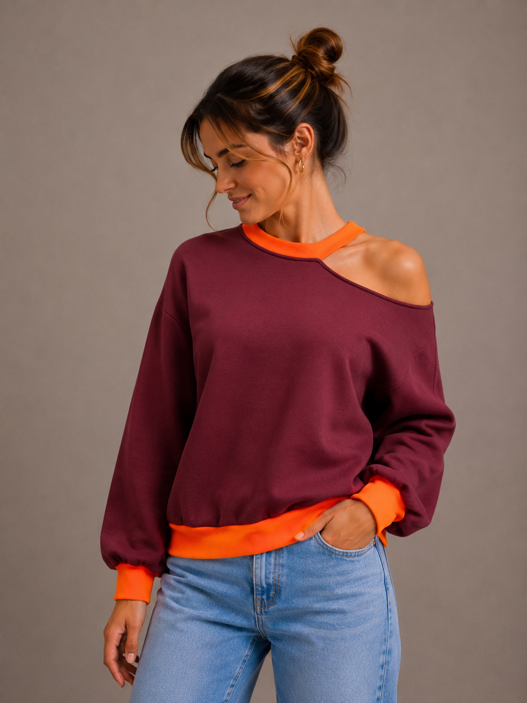 Fluo Open Sweater | bordeaux-oranje