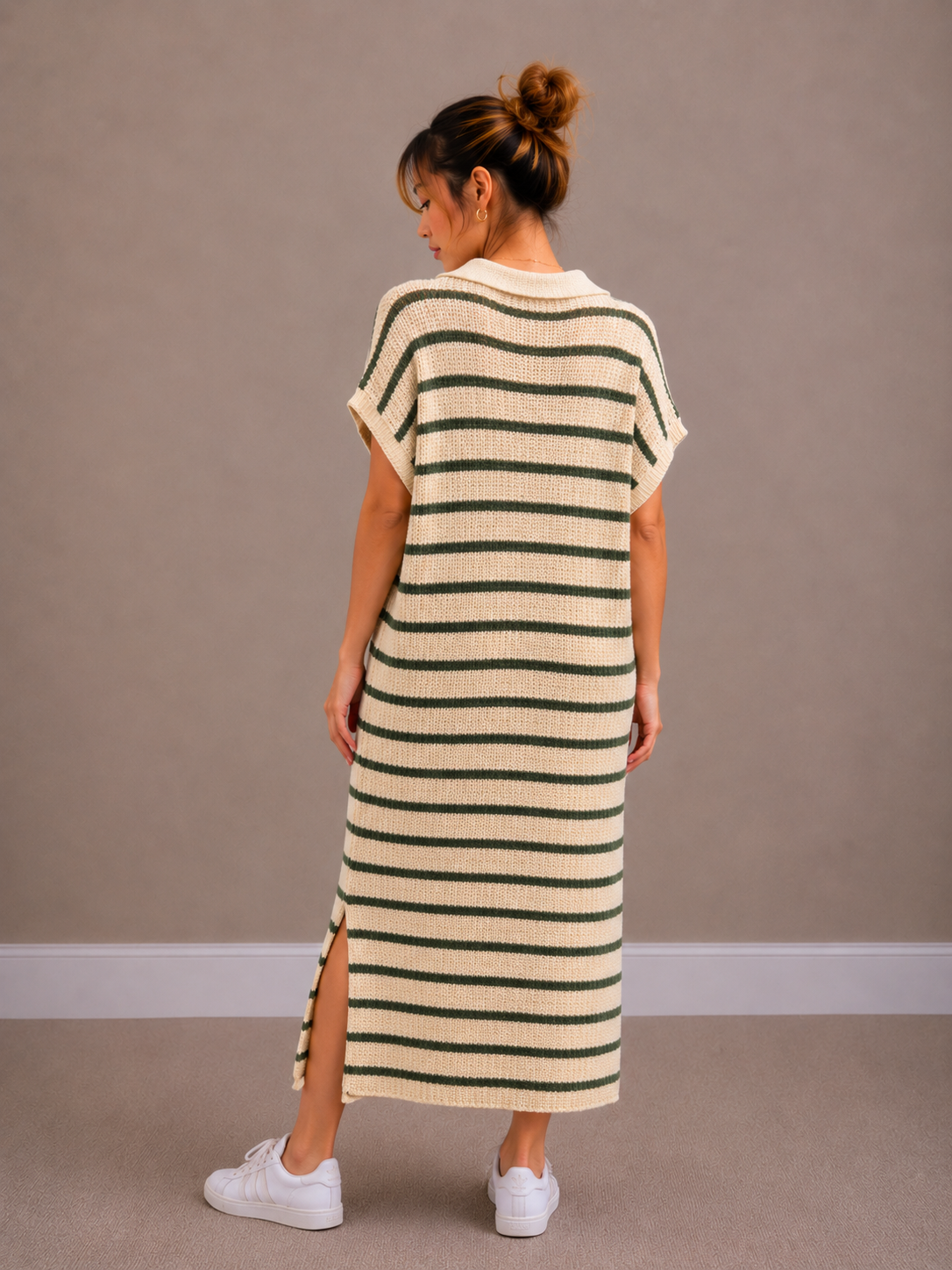 Maxi Streep Jurk | ecru-kaki
