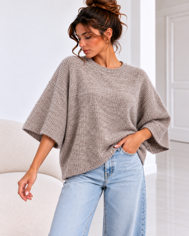 KNIT MET HALFLANGE MOUW BEIGE