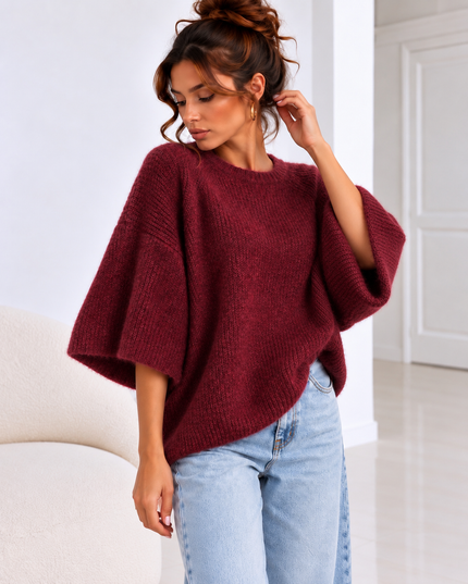 KNIT MET HALFLANGE MOUW BORDEAUX