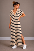 Maxi Streep Jurk | ecru-marine