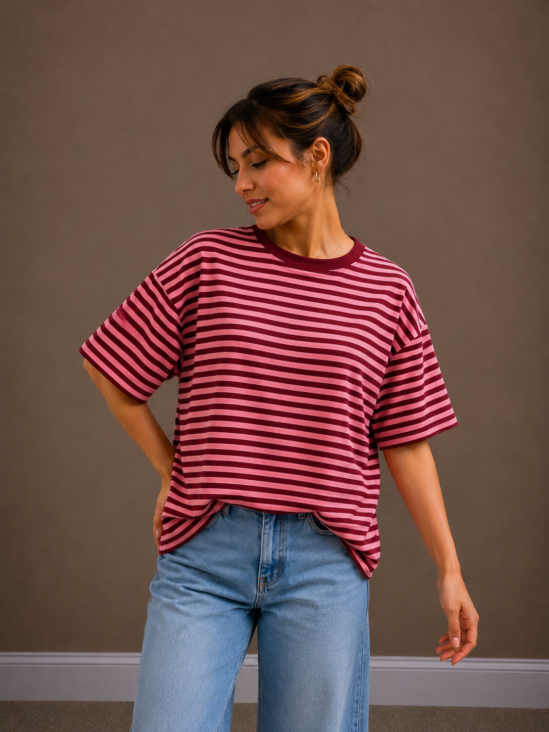 Streep T-shirt | bordeaux-roze