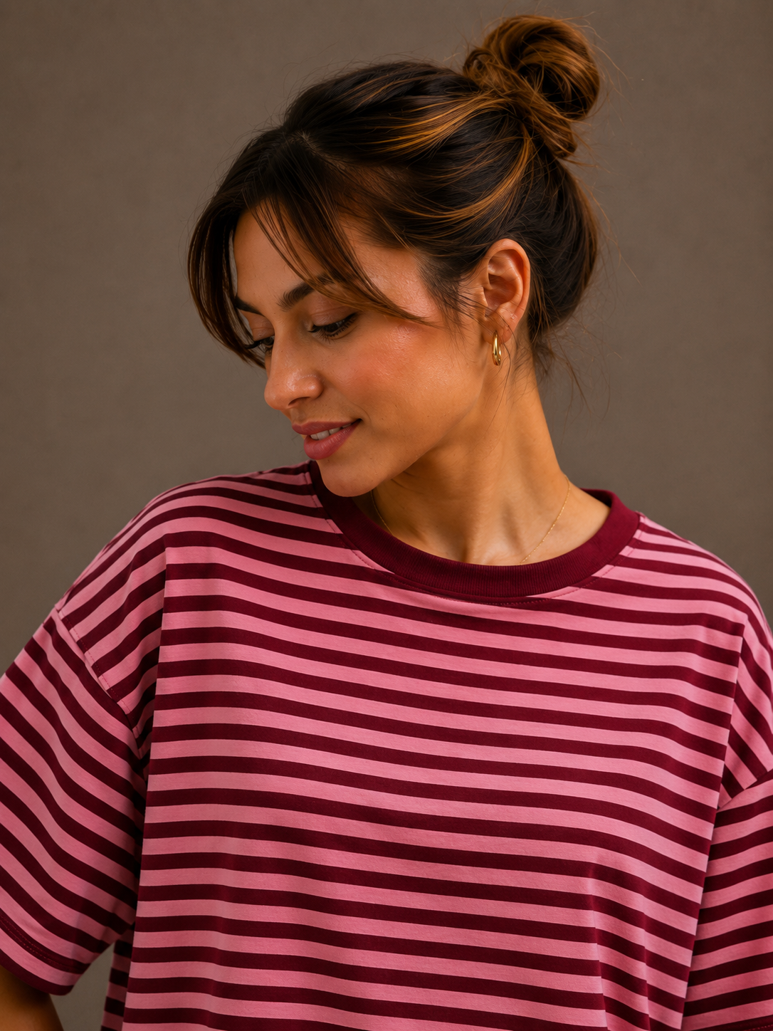 Streep T-shirt | bordeaux-roze