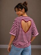 T-shirt streep Hart | bordeaux-roze