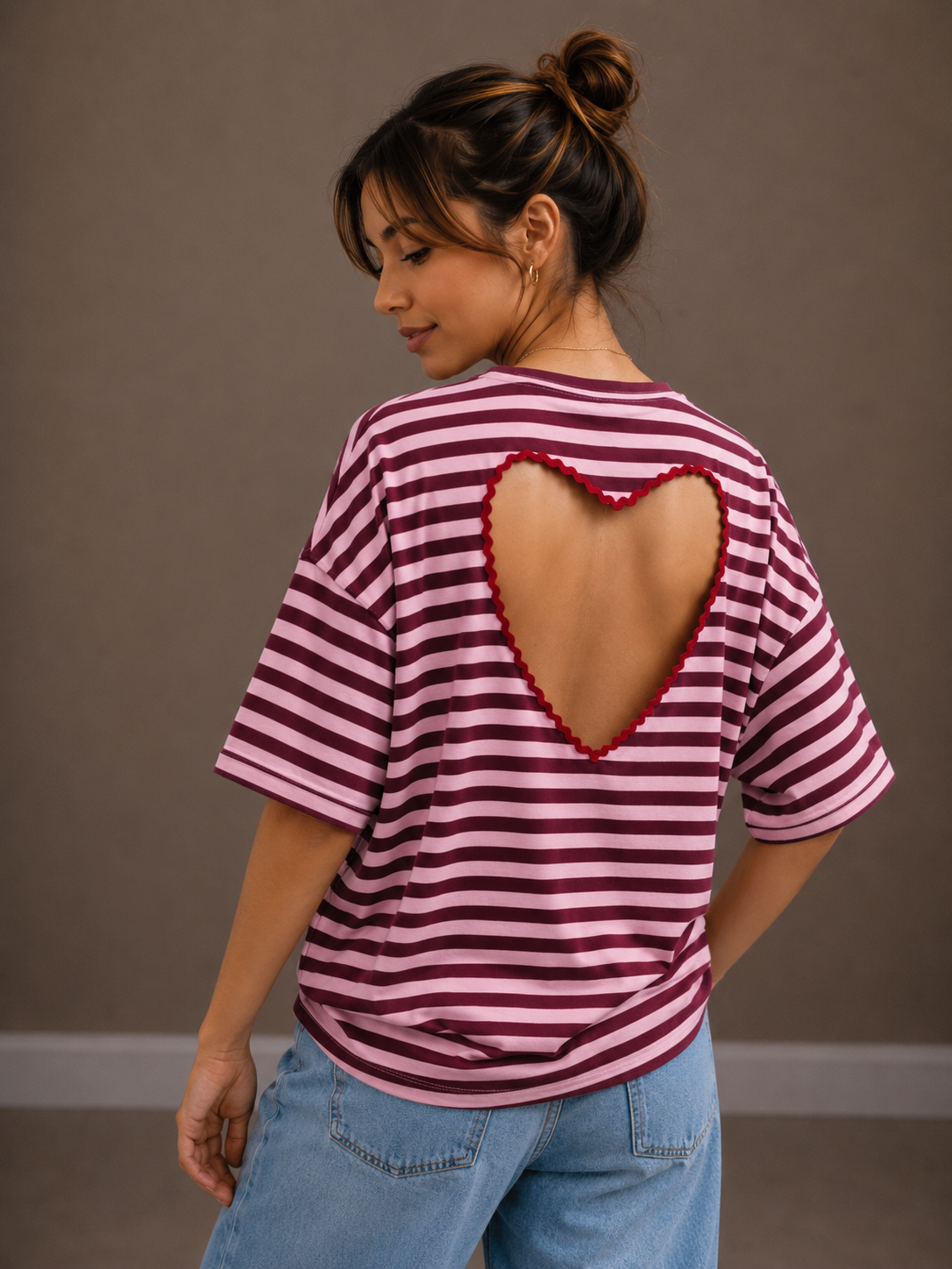 T-shirt streep Hart | bordeaux-roze