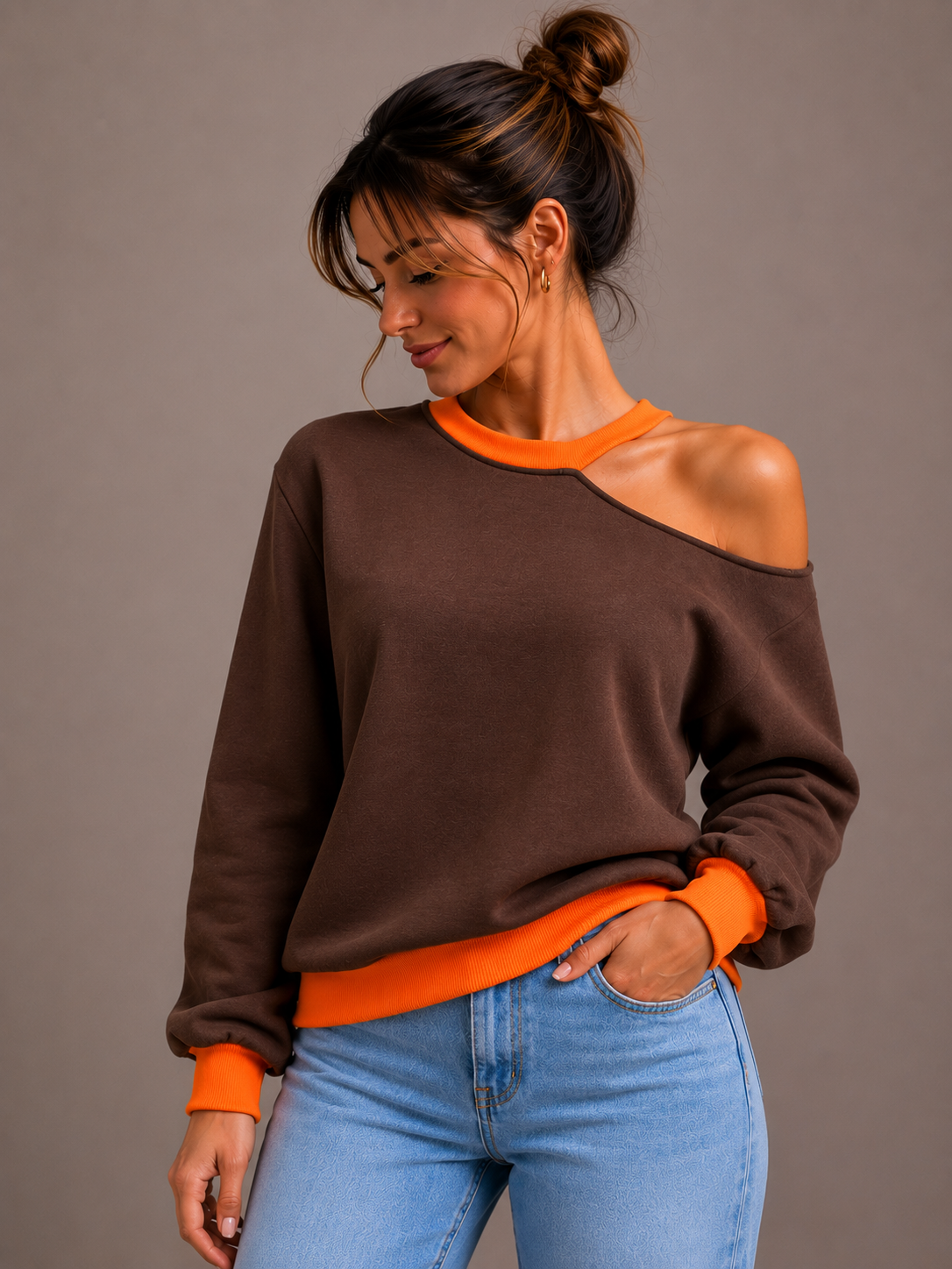 Fluo Open Sweater | bruin-oranje