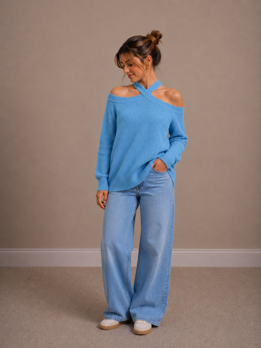 Kruis hals knit | blauw