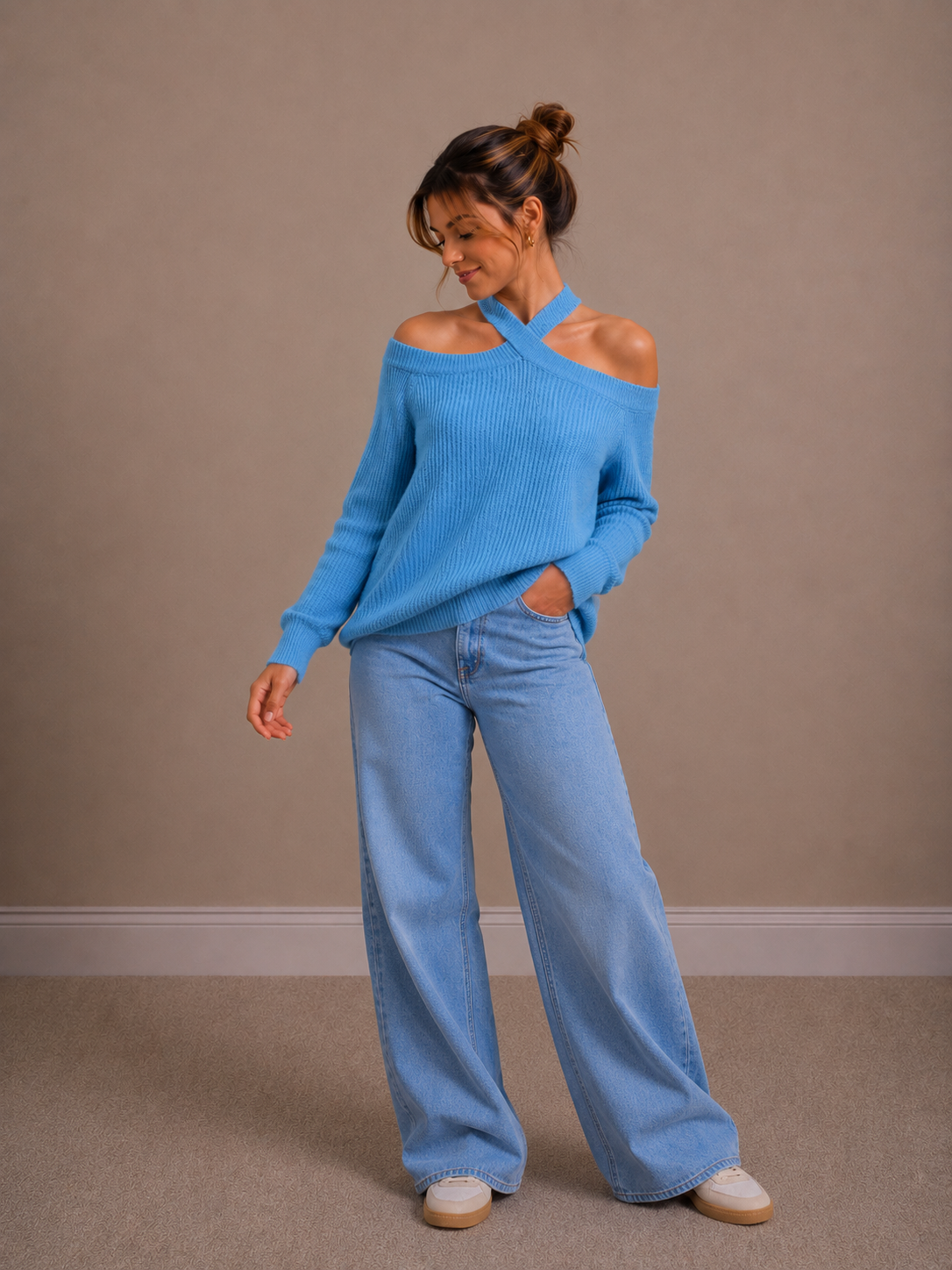 Kruis hals knit | blauw