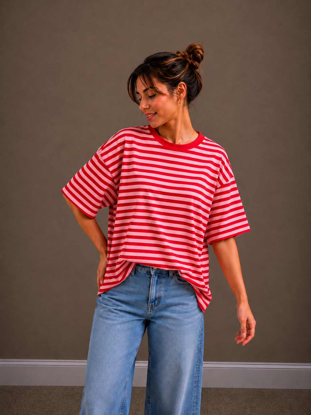 Streep T-shirt | rood-roze
