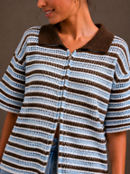 Striped crochet polo shirt | blue