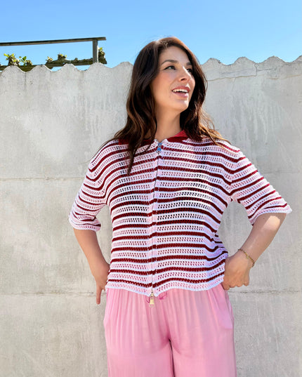 Gestreepte crochet polo | roze