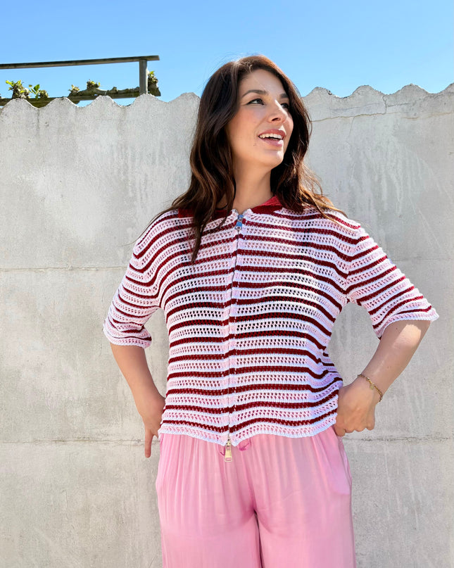 Gestreepte crochet polo | roze