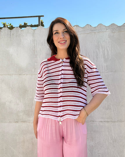Gestreepte crochet polo | roze